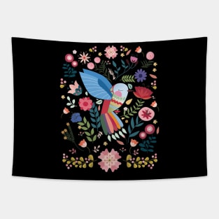 Folk Art Inspired Hummingbird With A Flurry Of Flowers Tapestry