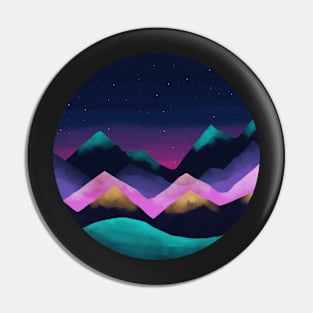 Navy Blue, Teal, Pink & Gold Watercolour Style Mountain Scene at Sunset Pin