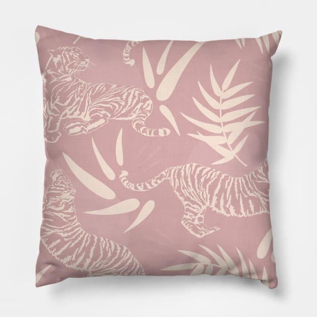 Tigers and Bamboo Leaves / Light Pink Pillow by matise