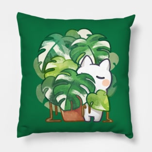 Monstera albo variegated plant lover cat Pillow