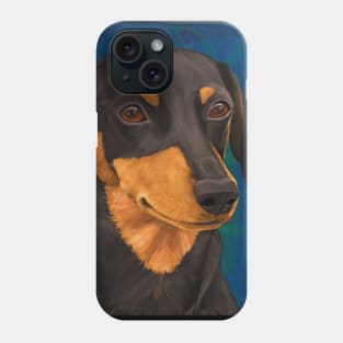 Black and Gold Dachshund Portrait on Blue Phone Case