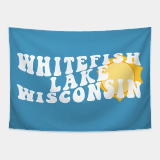 Sunshine in Whitefish Lake Wisconsin Retro Wavy 1970s Summer Text Tapestry