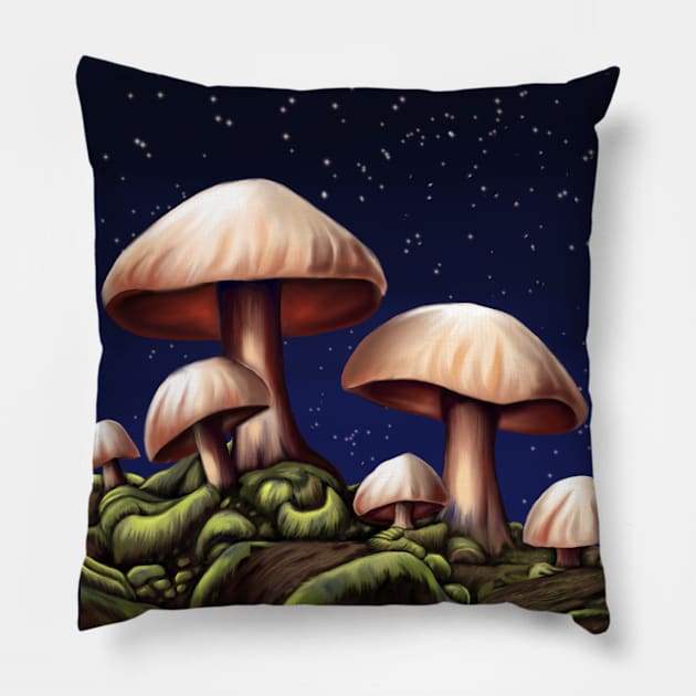 Mushrooms in a starry night Fantasy Pillow by Sivan's Designs