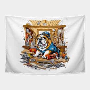 A Carpenter English Bulldog with a pencil behind its ear, measuring a piece of wood with a tape measure Tapestry