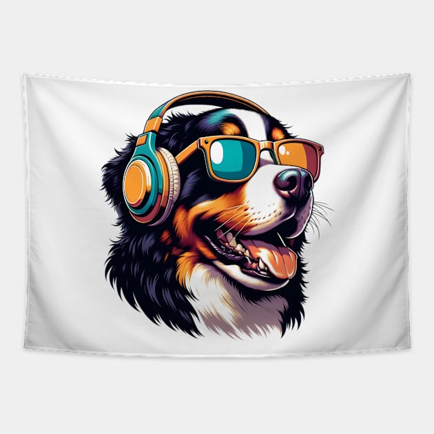 Grinning Bernese Mountain Dog as Smiling DJ in Sunglasses Tapestry by ArtRUs