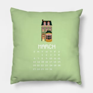 March Calendar Green House Pixel Art Pillow