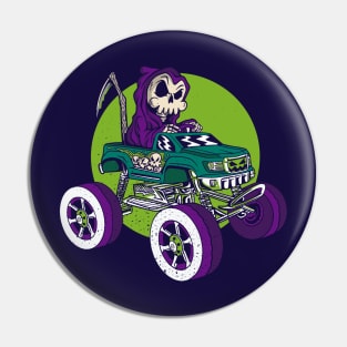 Grim Reaper Driving a Monster Truck // Funny Halloween Cartoon Pin