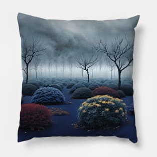 Surreal Blue Natural Landscape with Round Bushes Pillow