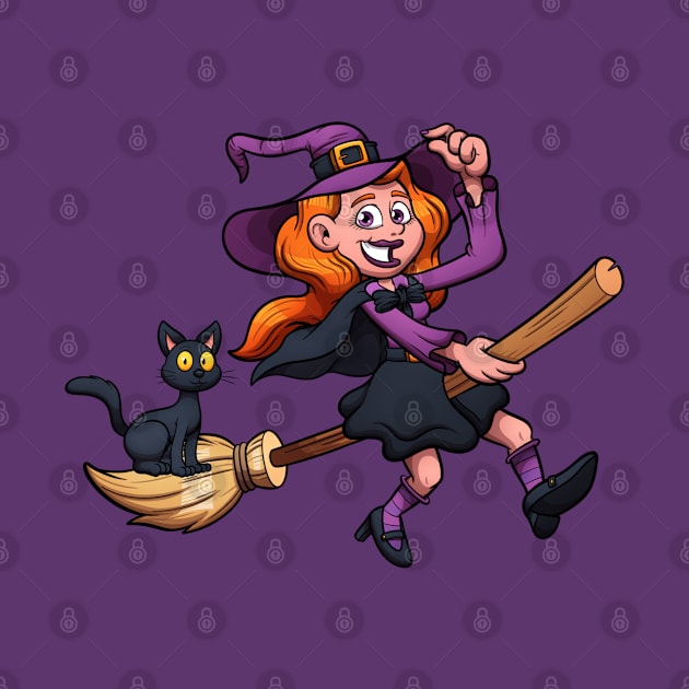 Cute Witch On Broom With Black Cat by TheMaskedTooner