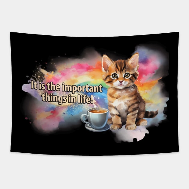 Cat and Coffee - it is the important things in life. Tapestry by KEWDesign