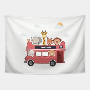 Kawaii Cute Zoo Animals In A London Bus Tapestry