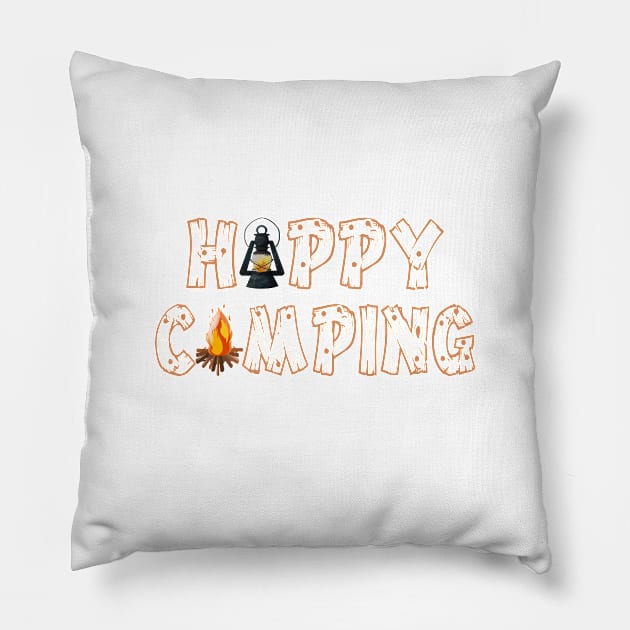 Happy Camping Pillow by SpaceManSpaceLand