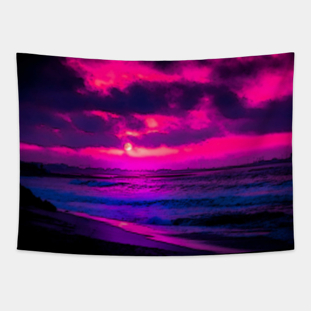 Mesmerizing Midnight Moon By The Beach Painting Nature Artistic Photography Breathtaking Beautiful Sea Crimson Sky Gorgeous Home Decor Interior Design Midnight Moon Tapestry Teepublic