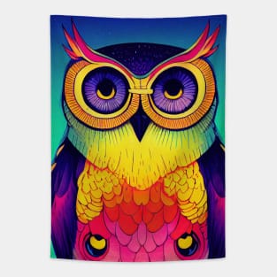 Colorful Owl Portrait Illustration - Bright Vibrant Colors Bohemian Style Feathers Psychedelic Bird Animal Rainbow Colored Art Tapestry