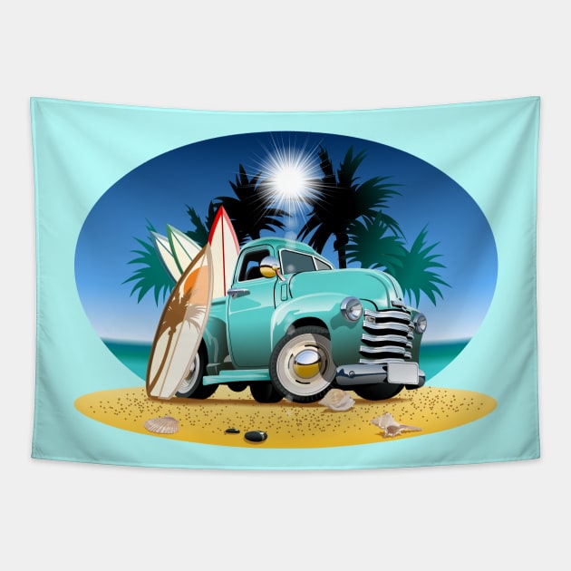 Cartoon retro pickup on beach Tapestry by Mechanik