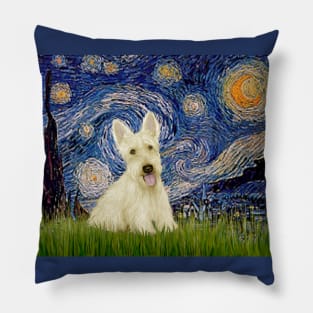 Starry Night Adapted to Feature a Scottish Terrier (cream or white) Pillow