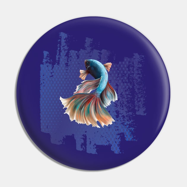 Beta Fish Blue with Rainbow Tail on Blue Pin by Kylie Paul