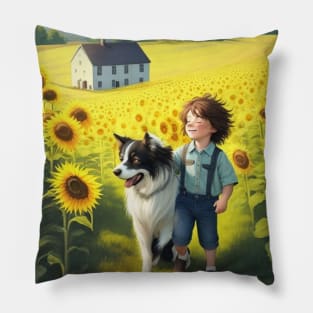 child hanging out with a dog. Pillow