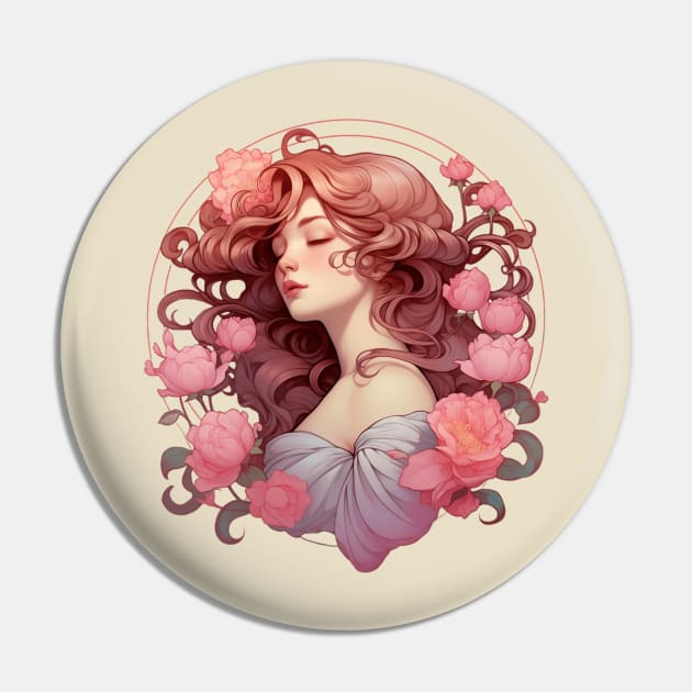 A Bouquet of Peonies - Beautiful Woman, Mucha, Art Nouveau Pin by AllRealities