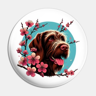 Wirehaired Pointing Griffon Joy in Spring with Cherry Blossoms and Flowers Pin