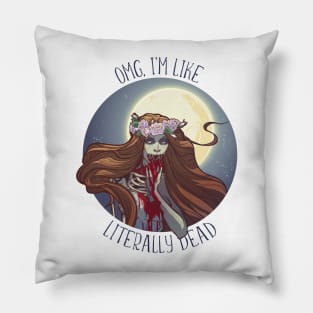 Halloween zimbie bride sitting on a grave stone in the moonlit forest over the graveyard. Pillow