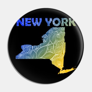 Colorful mandala art map of New York with text in blue and yellow Pin