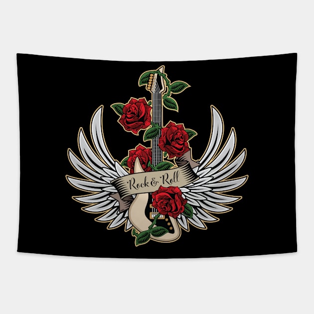 Guitar Wings Roses Rock and Roll Vintage Retro Music Design Tapestry by hobrath