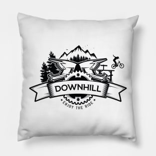 Downhill mountain bike badge with full face helmet and mountains. Enjoy The Ride. Pillow