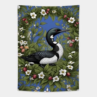 Common Loon Surrounded By Lady's Slipper Flowers Tapestry