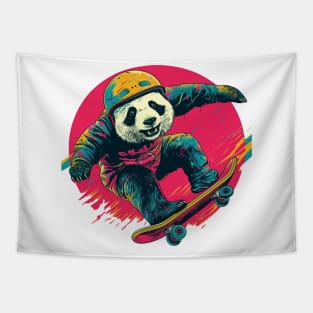 Street art panda in helmet riding a skateboard Tapestry