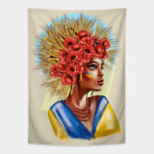 Ukrainian woman with national flag with wheat and flowers Tapestry