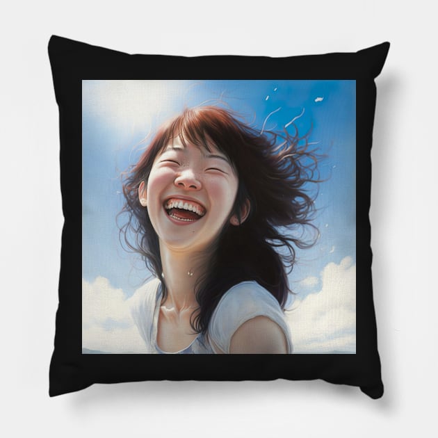 Smily Japanese Teenage Girl Sky Illustration Design Pillow by unrealartwork