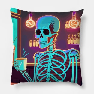 Neon skeleton drinking coffee Pillow