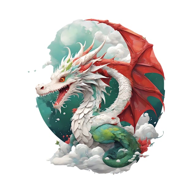 A dragon sitting on the cloud. surrounded by clouds and sky. by 397House