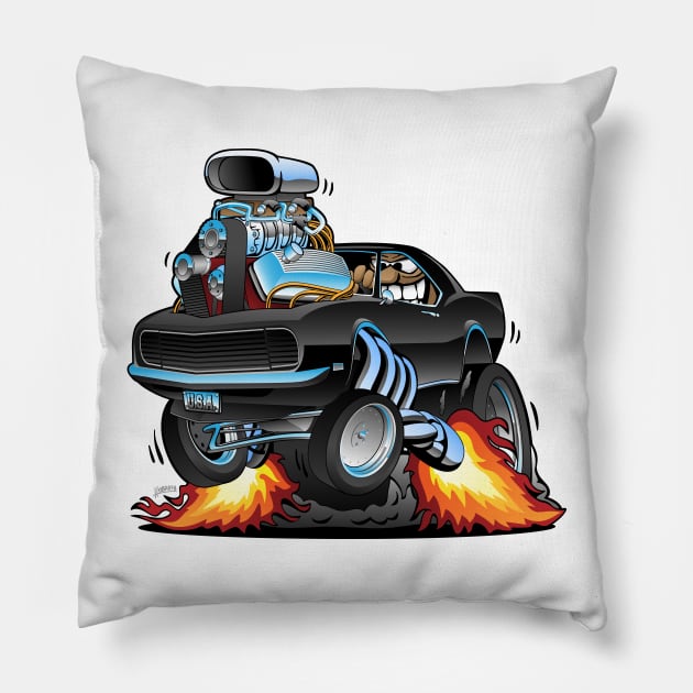 Classic Sixties American Muscle Car Popping a Wheelie Cartoon Illustration Pillow by hobrath