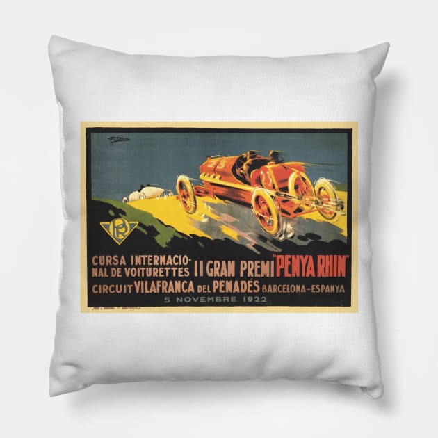 1922 Spanish Grand Prix Automobile Race, Barcelona - Vintage Poster Design Pillow by Naves