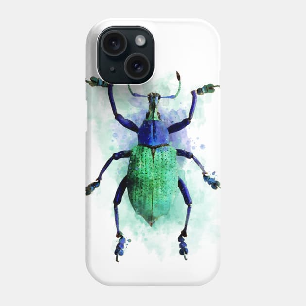 Dramabite Watercolor beetle green purple turquoise insect painting Phone Case by dramabite