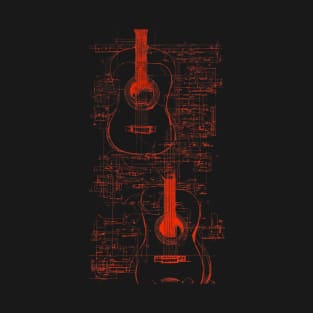 Red Neon Acoustic Guitar Da Vinci blueprint T-Shirt