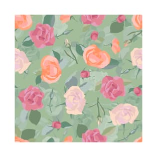 Blended Floral Roses in Orange Fuchsia and Green T-Shirt