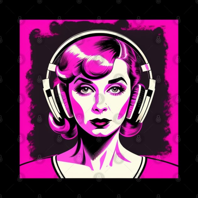 Hot Pink Headphones Vintage Dame by musicgeniusart