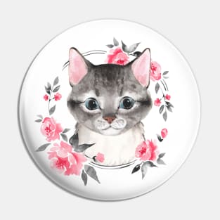 Gray cat with flowers Pin