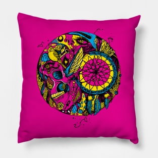 CMYK Skull and Dreamcatcher Circle Pillow