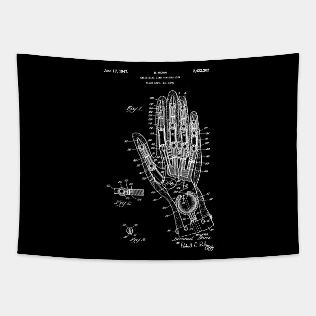 Artificial hand 1947 Patent , Prosthetic hand Patent Artificial hand, Prosthetics Office Wall Art Print, Doctors Patent Illustration Tapestry by Anodyle