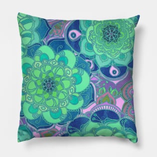 Fantasy Flowers in Mint Green & Purple Pillow