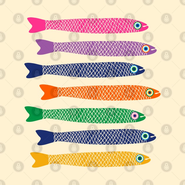 ANCHOVIES Bright Graphic Fun Groovy Fish in Rainbow Colors on Cream - Horizontal Layout - UnBlink Studio by Jackie Tahara by UnBlink Studio by Jackie Tahara