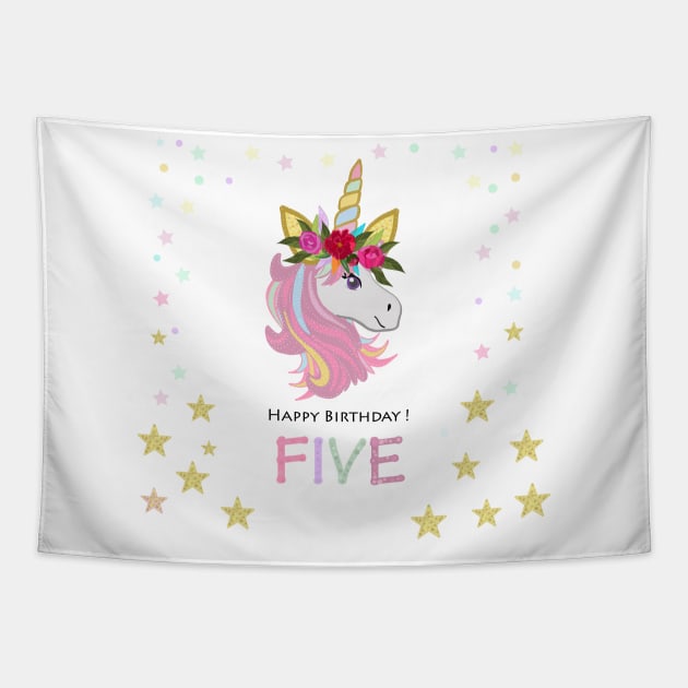 Five birthday greeting. Fifth. Magical Unicorn Birthday invitation. Party invitation greeting card Tapestry by GULSENGUNEL