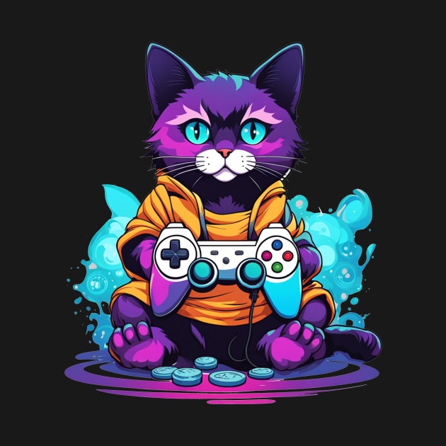 Gamer cat anime style colorful kitty by Edgi