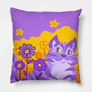 Smiling Purple Cat in Flowers Pillow