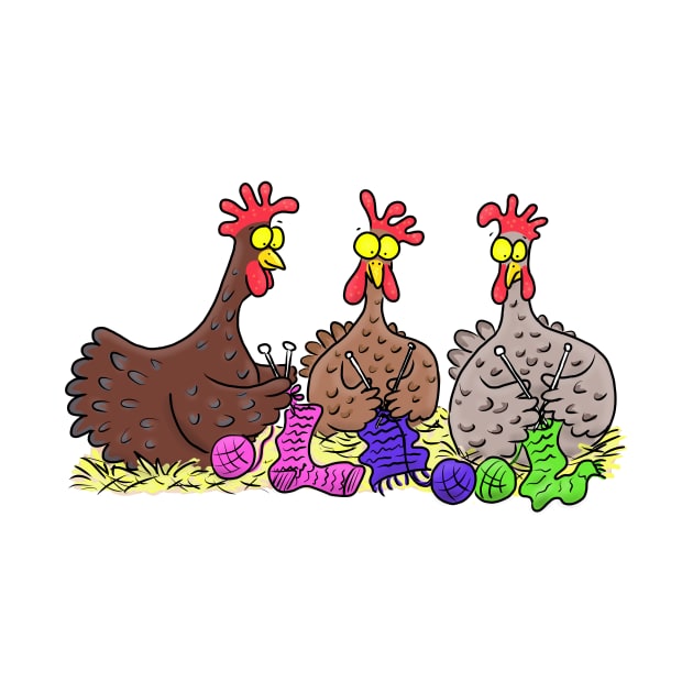 Funny chicken trio knitting cartoon by FrogFactory