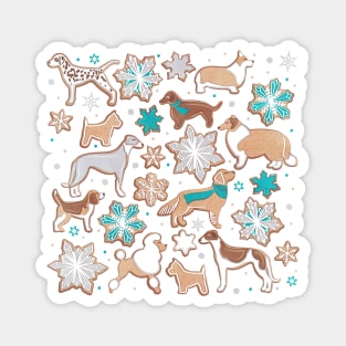 Catching ice and sweetness // spot // white background gingerbread white brown grey and dogs and snowflakes turquoise details Magnet